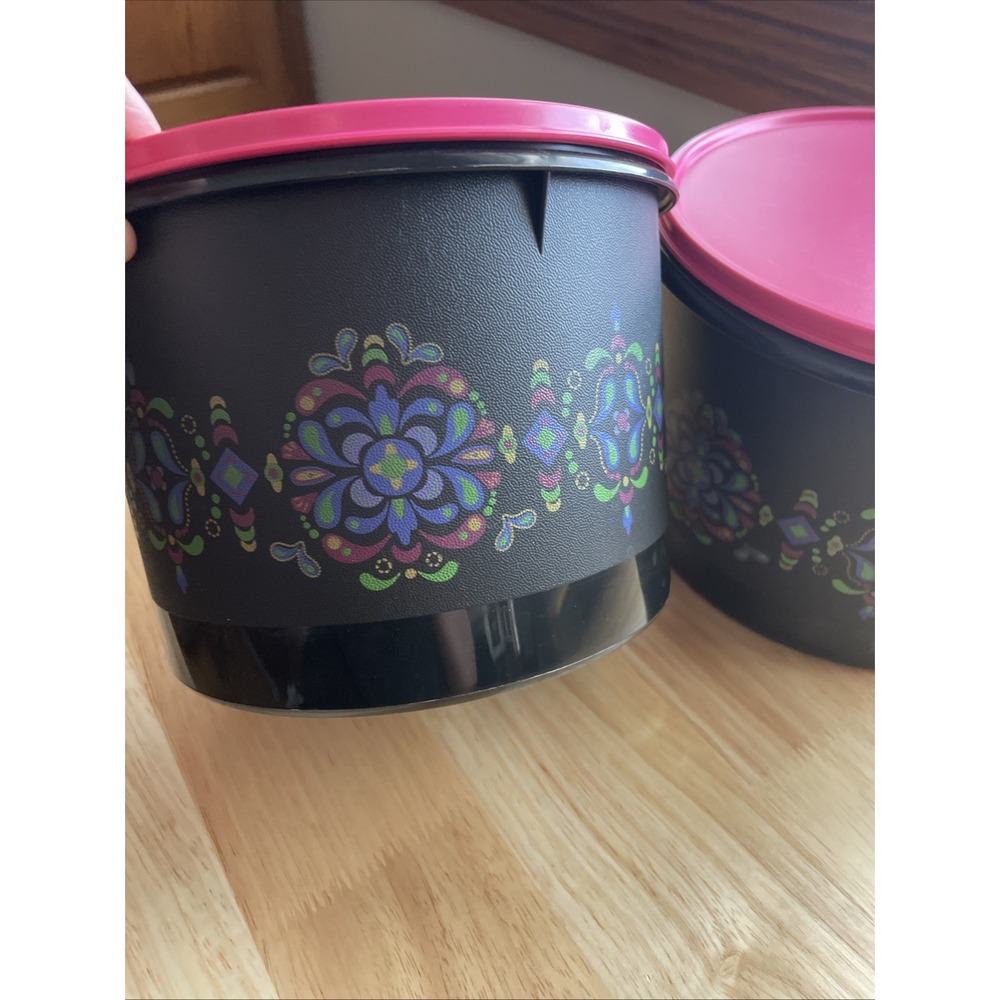 Tupperware Canister Set 2pc Black Pink Floral Medallion Round Storage Containers - Picture 3 of 9